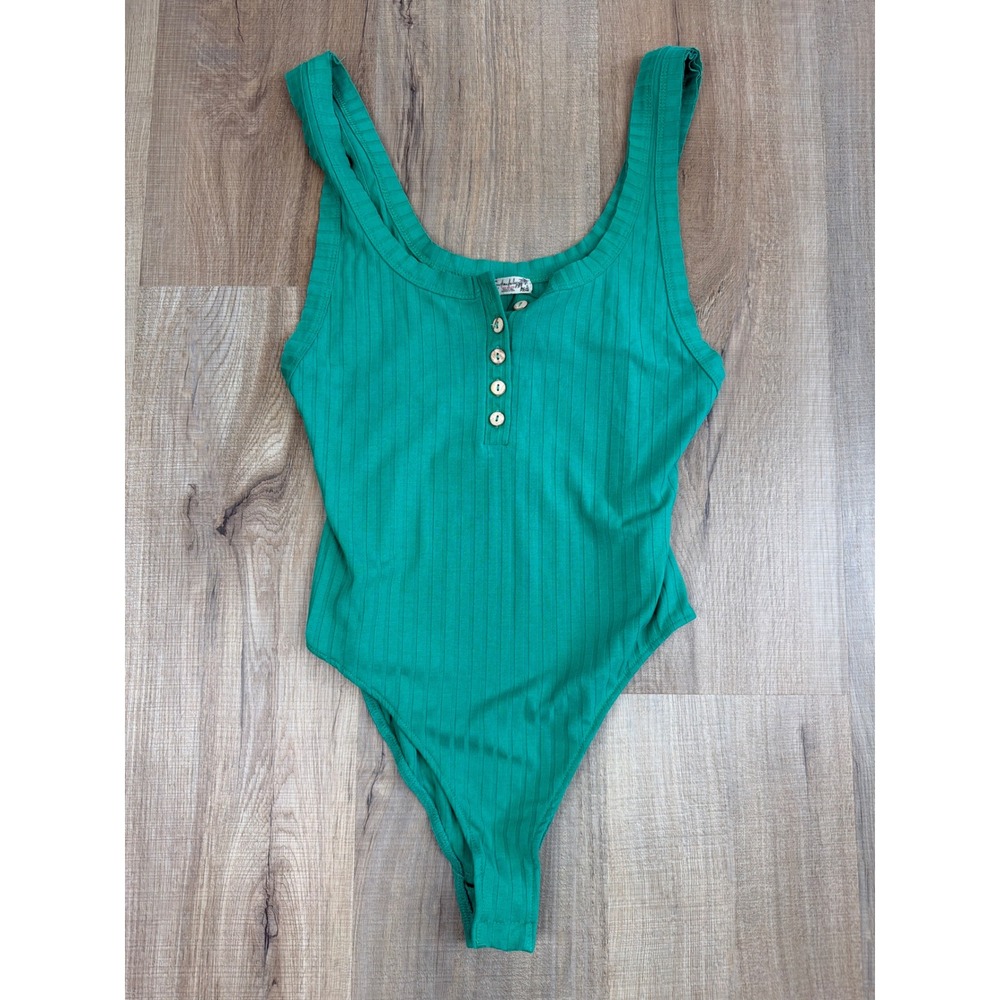 Free People Intimately Ribbed Henley Bodysuit Green Sleeveless XS Fits Like Med